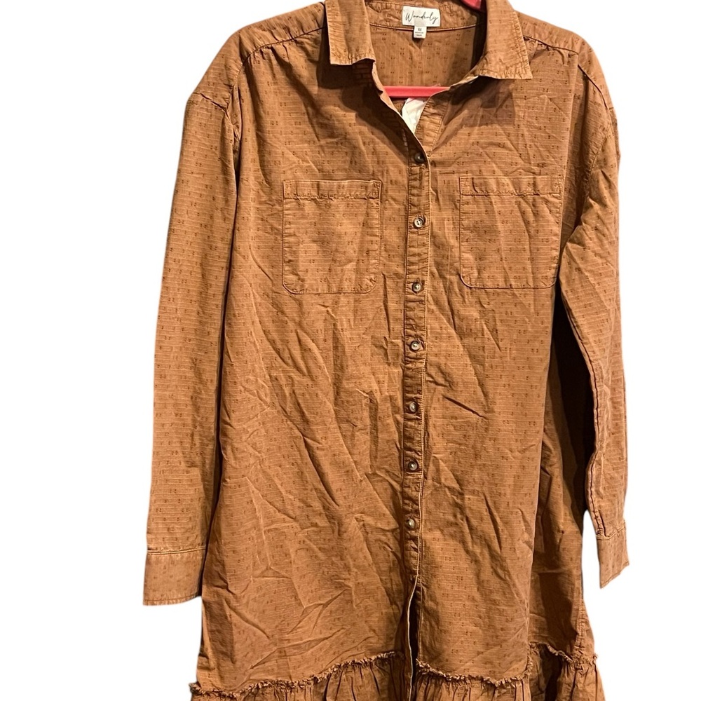 Wonderfuly Light Brown Button Down Blouse Dress with Ruffle - Picture 2 of 11